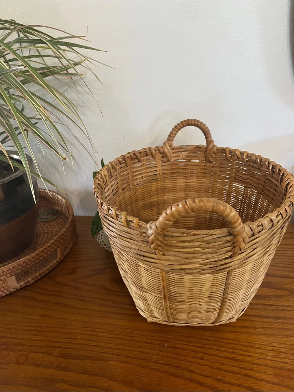 Handwoven Natural Rattan Basket with Loop Handles - Tan